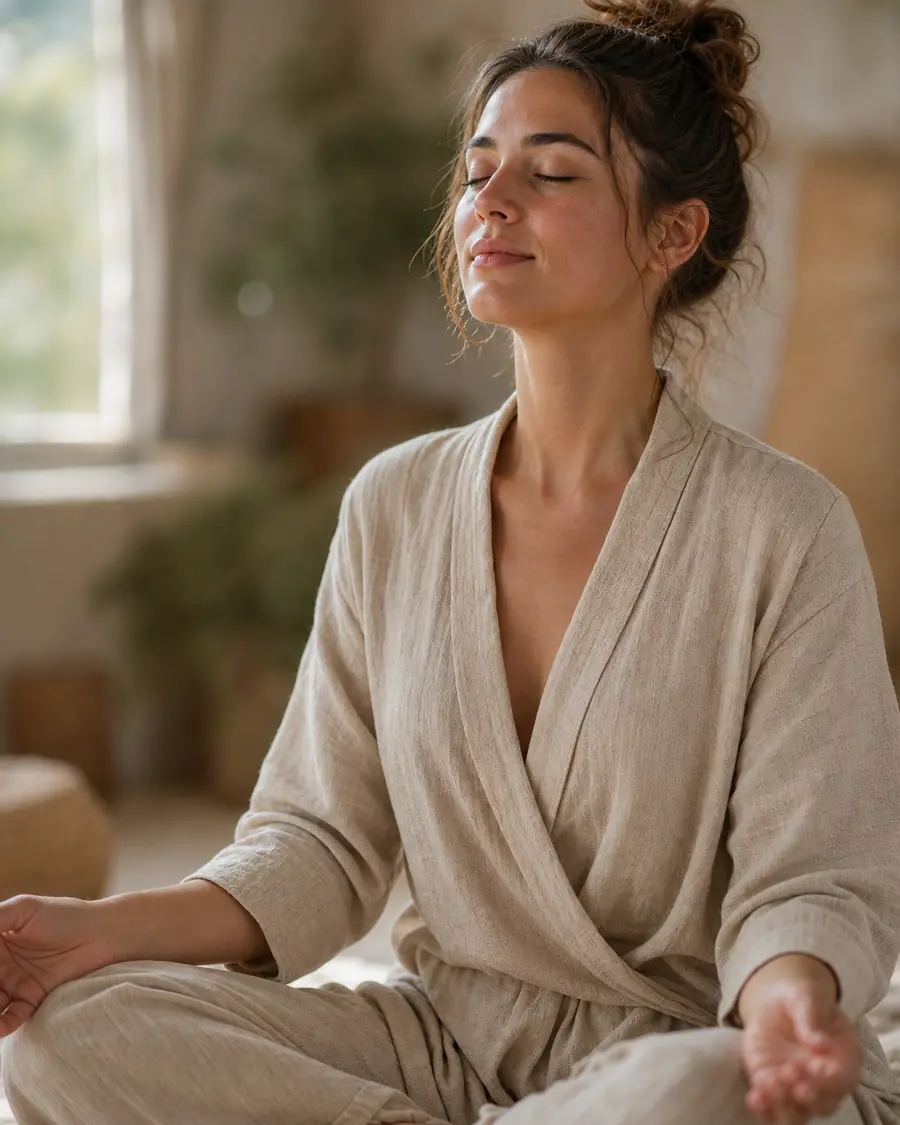 Student seated in meditation with eyes closed